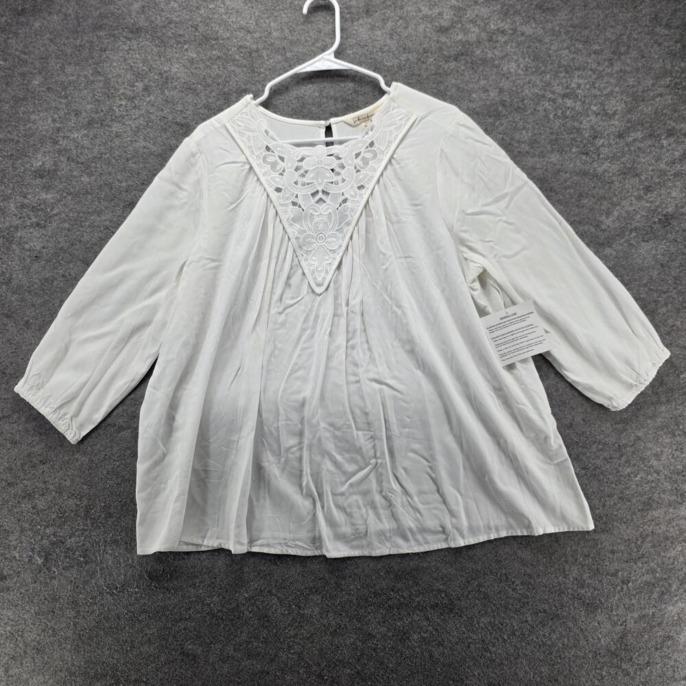 Linda Anderson Blouse Tunic Womens L White Round Neck 3/4 Sleeve Pleated Keyhole